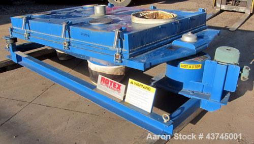 Used Rotex Screener, Model 3421GC MWMM, Carbon Steel. Approximately 60" wide x 84" long single deck, 2 separation.  Nominal area per screen surface 35 square feet. 2-1/2" stroke screen motion. (2) Bo...
