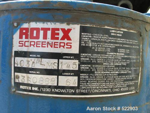 USED: 30" x 60" three deck Rotex screener, model 403A-AL-MS. Aluminumcover and screen frames. Automatic tension. Mild steel pan and boxframe. 145 lbs upper, 45 lbs lower. 4 outlets. Motor: 2 hp, 208-...