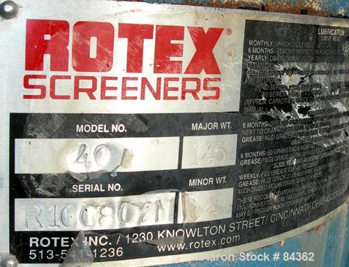 Used Rotex Screener, Model 40, 304 Stainless Steel. 28" Wide x 40" long single deck, 2 separation. Bolt down top cover, 2 bottom outlets. Unit requires an approximate 1 hp motor, includes gearbox. Mo...