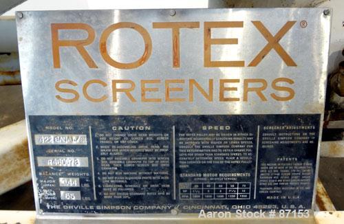 Used Rotex Screener, Model 422SANAL/SS, 304 Stainless Steel. 40” Wide x 56” long double deck, 3 separation. 15.5 Square feet screen area, 2-1/2” screen motion. Missing top cover, (3) bottom outlets. ...