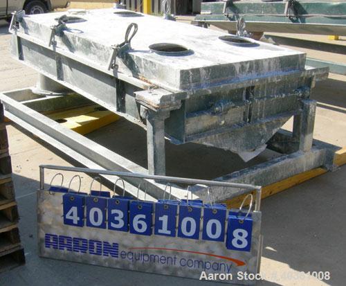 Used: Rotex screener, model 42GP, carbon steel. 40" wide x 84" long double deck, 3 separation. Clamp down top cover, 3 bottom outlets. 23.3 square feet screen area. Driven by a 2 hp, 3/60/230/460 vol...