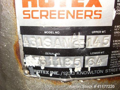 Used Rotex Sanitary Screener, Model 431 SAN/AL/SS, Stainless Steel. 40" wide x 84" long single deck, 2 separation. Clamp down aluminum top cover, 2 bottom outlets. 23.3 square feet screen area. Drive...