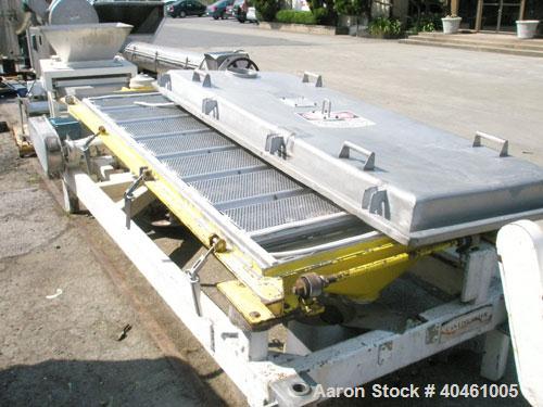 Used: Rotex screener, model 431SAN-SS-SS, stainless steel. 40" wide x 84" long single deck, 2 separation. Clamp down top cover, 2 bottom outlets. 23.3 square feet screen area. Driven by a 2 hp, 3/60/...