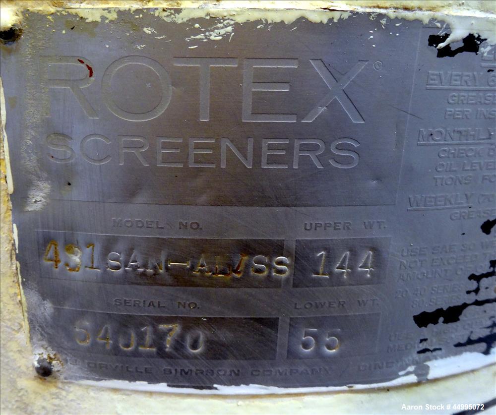 Used Rotex Screener, Model 431SAN AL/SS, 304 Stainless Steel.