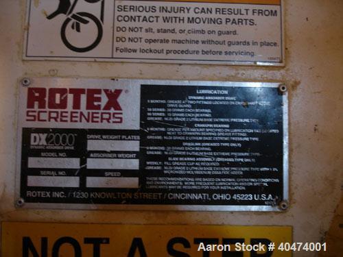 Used Rotex screener, model 521D SAN, 304 stainless steel. 60" wide x 144" long single deck, 2 separation. Clamp down top aluminum cover, 2 bottom outlets. 60 square feet screen area, 3 1/2" screen mo...