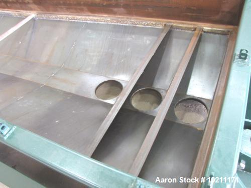 Used Rotex Screener. Model 522, Stainless Steel. 60" wide x 144" long double deck unit with a two-piece aluminum top cover. Carbon steel pan and box. Rated 183 minor weight, 367 major weight. Mounted...