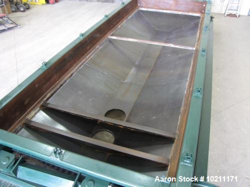 Used Rotex Screener. Model 522, Stainless Steel. 60" wide x 144" long double deck unit with a two-piece aluminum top cover. Carbon steel pan and box. Rated 183 minor weight, 367 major weight. Mounted...