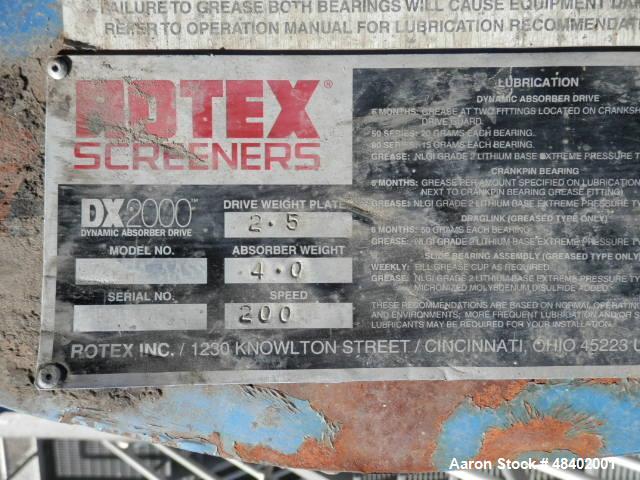 Used Rotex Screener, Model 5722DA-AASS, Stainless Steel. 80” Wide x 144” long double deck, 3 separation. Clamp down top cover. Approximate 80 square feet screen area. Driven by a 7.5hp, 3/60/230/460 ...