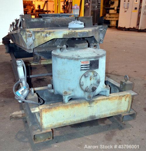Used Rotex Screener, Model 802A, Carbon Steel. 40” Wide x 84” long double deck, 3 separation. 23.3 Square feet screen area, 3” screen motion. Clamp down top cover, (3) bottom outlets. Driven by a 5 h...