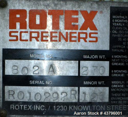 Used Rotex Screener, Model 802A, Carbon Steel. 40” Wide x 84” long double deck, 3 separation. 23.3 Square feet screen area, 3” screen motion. Clamp down top cover, (3) bottom outlets. Driven by a 5 h...