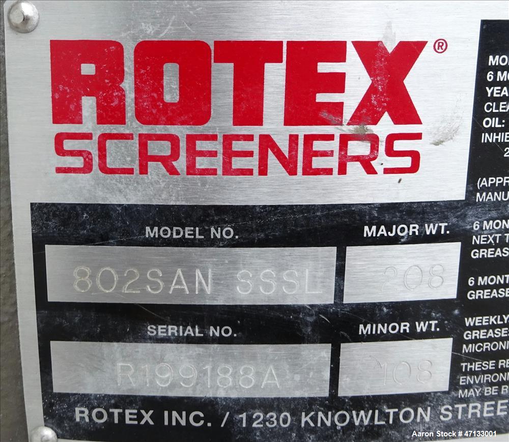 Used Rotex Screener, Model 802SAN SSSL, 304 Stainless Steel.