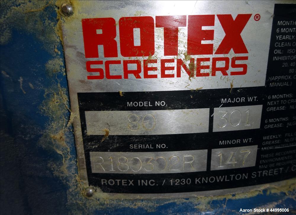 Used Rotex Screener, Model 82-SAN-AL/SS, 304 Stainless Steel.