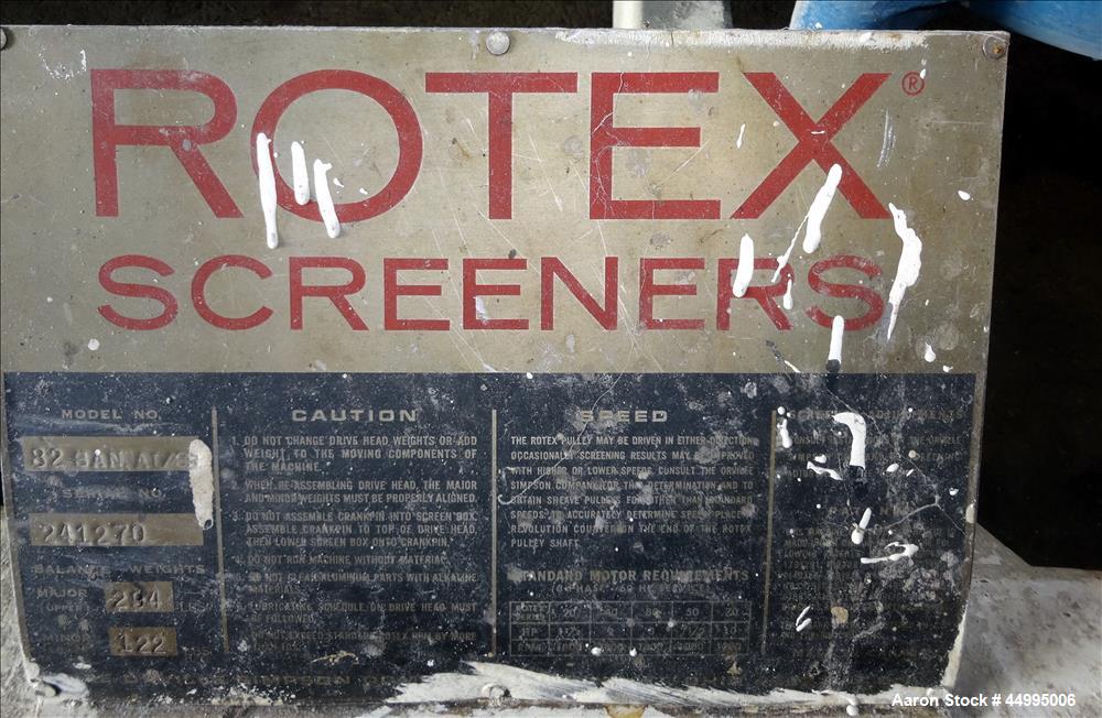 Used Rotex Screener, Model 82-SAN-AL/SS, 304 Stainless Steel.