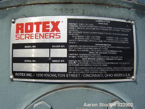 USED: 60" x 84" two deck Rotex screener, model 842A-AL/SS. Automatictension design. Major weight 301, minor weight 147. Aluminum cover,aluminum screen frames. Stainless steel pan. Reported in excelle...