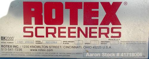 Used Rotex Screener, Model 842DMWMM, Carbon Steel. 60" wide x 84" long double deck, 3 separation. Clamp down top cover, 3 bottom outlets. 35 square feet screen area, 3" screen motion. Requires decks,...