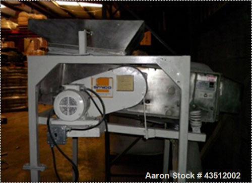 Used Simco Model 364-ID-VDC3, 2' wide x 4' long single deck screener, screen deck opening approximately 1/8", stainless steel contact parts, belt driven 1 hp 3/60/230-460V 1739 rpm motor.