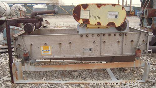 USED:  Smico Rectangular Vibratory Screener, 304 Stainless Steel.  Approximately 21" wide x 72" long uphill, single deck, no top cover.  6" end bottom fines outlet. Driven by (2) top mounted 1/2 HP,3...