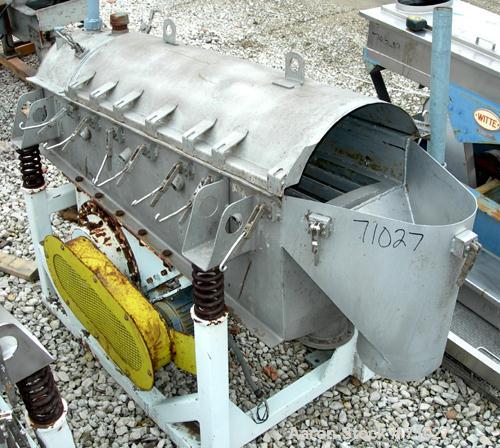 USED:Simplicity horizontal vibratory screener/scalper, model 2185-HSJA2, 316 stainless steel. Double deck 18" wide x 60" long. Domed top bolt-on cover. 4" end inlet, 6" fines bottom, 10" overs outlet...
