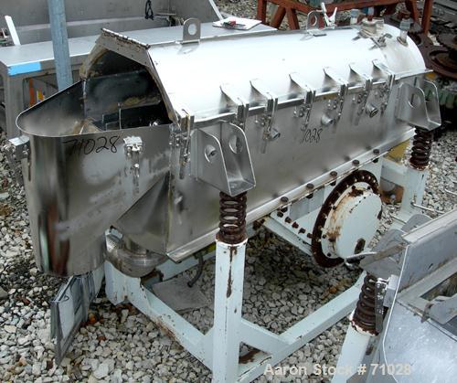 USED:Simplicity horizontal vibratory screener/scalper, model 2185-HSJA2, 316 stainless steel. Double deck 18" wide x 60" long. Domed top bolt-on cover. 4" end inlet, 6" fines bottom, 10" overs outlet...