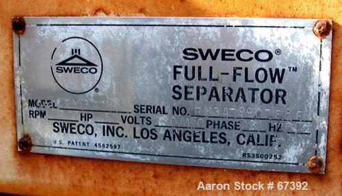 Used Sweco Full Flow Separator, Model RM3A, 316 Stainless Steel. 4' Wide x 9' long deck with 3 sections of screen, designed for wet process, 6" inlet, bottom coned tray discharge with 6" outlet, top ...