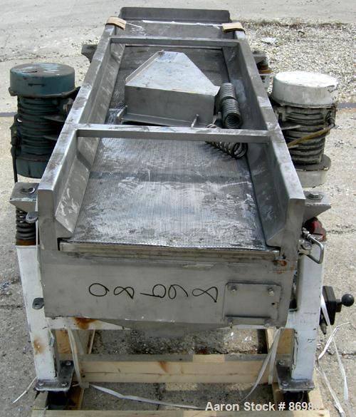 USED: Sweco full flow rectangular separator, stainless steel. 18" wide x 70" long single deck, (2) screen separations. Driven by (2)B.E.S.T. vibratory motors, 4/5 hp, 3/60/230/460 volt, 1120/1140 rpm...
