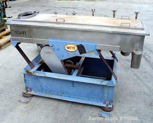 Used Witte Shaker, Model 9E-333. 23" Wide x 64-1/2" long x  7" deep, stainless steel. Top opening 16" long x 8" wide oval. Bottom openings (1) 4", (1) 9" long x 4" wide oval. Driven by a 1 hp, 3/60/4...