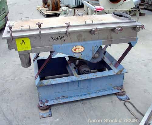 Used Witte Shaker, Model 9E-333. 23" Wide x 64-1/2" long x  7" deep, stainless steel. Top opening 16" long x 8" wide oval. Bottom openings (1) 4", (1) 9" long x 4" wide oval. Driven by a 1 hp, 3/60/4...