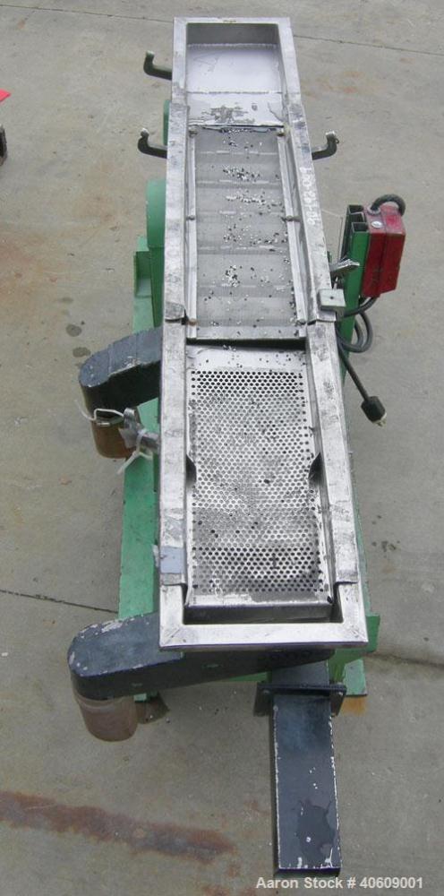 Used Witte Screener, 304 stainless steel. 10" wide x 71" long, 2 screening sections, 3 separation. Driven by 1 1/2 hp, 3/60/208-230/460 volt, 1725 rpm motor. Mounted on a carbon steel frame.