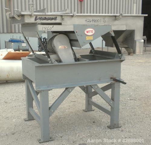 Used Witte Screener, 304 Stainless Steel. 35" Wide x 52" long, 2 separations. Includes a 24’’ long section of intake cover. Screener driven by 1 hp, 3/60/230/460 volt, 1720 rpm motor thru a Witte Siz...