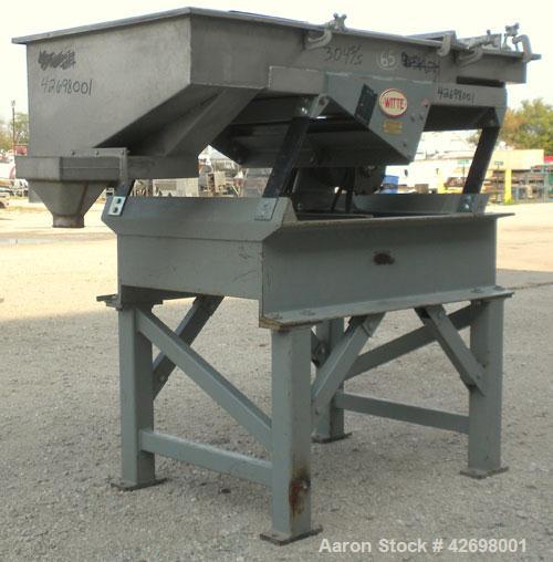 Used Witte Screener, 304 Stainless Steel. 35" Wide x 52" long, 2 separations. Includes a 24’’ long section of intake cover. Screener driven by 1 hp, 3/60/230/460 volt, 1720 rpm motor thru a Witte Siz...