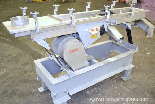 Used Witte Screener, 304 Stainless Steel. 9-1/2" Wide x 72" long, 2 screening sections, (1) overs section, 3 total separation. Driven by 1hp, 3/60/230/460 volt, 1720 rpm XP motor. Includes a model C2...