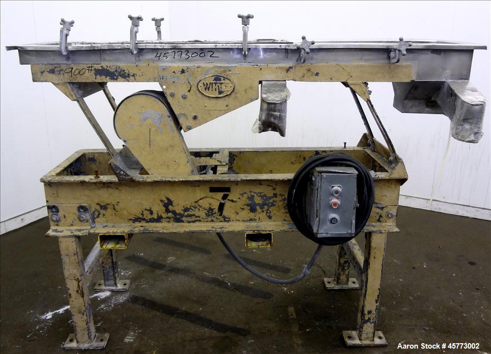 Used Witte Screener, 304 Stainless Steel. Single Deck, 2 separation. Approximately 16" wide x 31" long screen section. Driven by a 0.75 hp, 208-23-460 volt, 1725 rpm motor. 6" x 2.5" Bottom outlet. S...