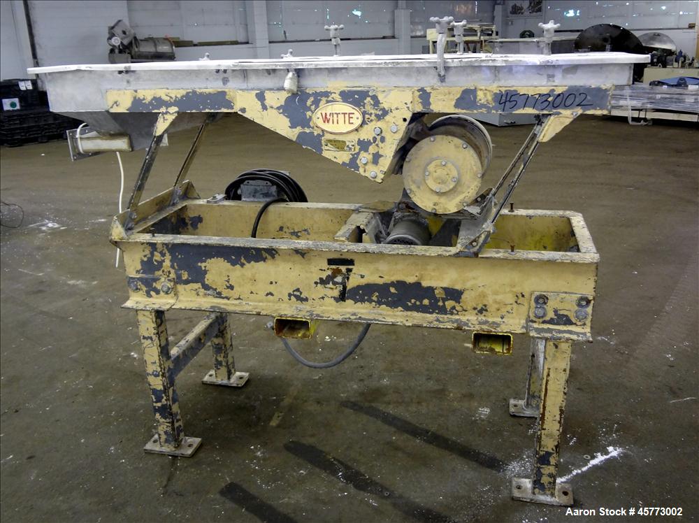 Used Witte Screener, 304 Stainless Steel. Single Deck, 2 separation. Approximately 16" wide x 31" long screen section. Driven by a 0.75 hp, 208-23-460 volt, 1725 rpm motor. 6" x 2.5" Bottom outlet. S...