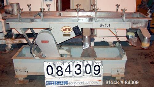 USED: Witte screener, 304 stainless steel, single deck, 2 separation. 16" wide x approximately 72" long, 1/4" diameter holes to 1/8" diameter holes. 4-3/4" top inlet, 4" bottom outlet. Driven by a 1 ...