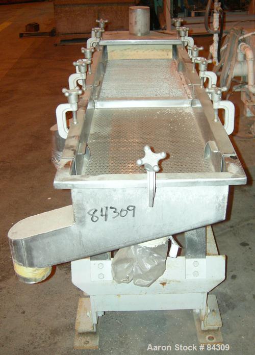 USED: Witte screener, 304 stainless steel, single deck, 2 separation. 16" wide x approximately 72" long, 1/4" diameter holes to 1/8" diameter holes. 4-3/4" top inlet, 4" bottom outlet. Driven by a 1 ...