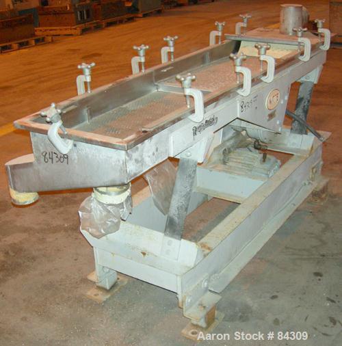 USED: Witte screener, 304 stainless steel, single deck, 2 separation. 16" wide x approximately 72" long, 1/4" diameter holes to 1/8" diameter holes. 4-3/4" top inlet, 4" bottom outlet. Driven by a 1 ...