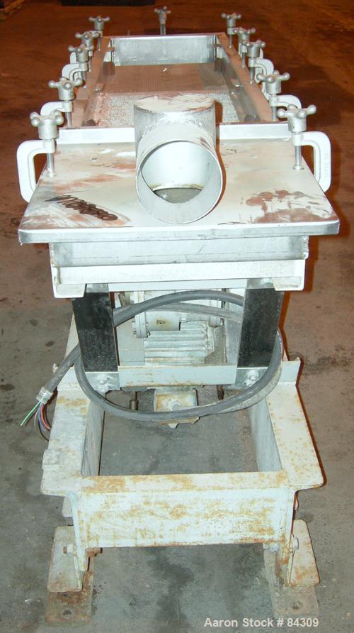 USED: Witte screener, 304 stainless steel, single deck, 2 separation. 16" wide x approximately 72" long, 1/4" diameter holes to 1/8" diameter holes. 4-3/4" top inlet, 4" bottom outlet. Driven by a 1 ...
