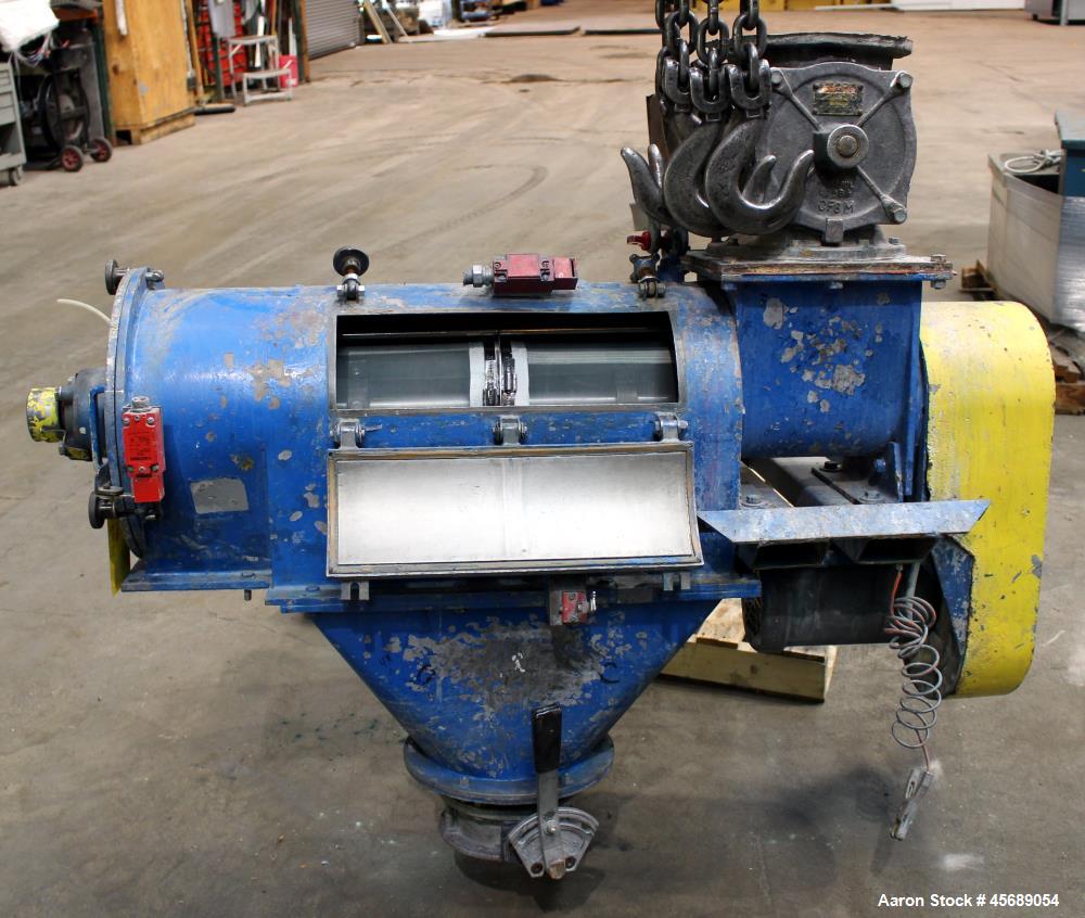 Used Centrifugal Sifter, 304 Stainless Steel. Approximate 8" diameter x 24" long screening chamber with a stainless steel helical rotor. Side access door. 6" Bottom fines outlet, 5" end overs outlet,...