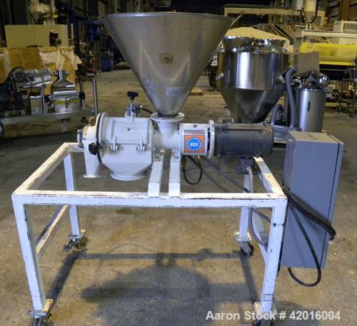 Used Azo Cyclone Screener, model E-240-B1, polypropylene/carbon steel. Approximate 4" diameter x 8" long screen chamber, (4) helical blades. Driven by a 1/2 hp, 3/60/208-230/460 volt, 1140 rpm XP mot...