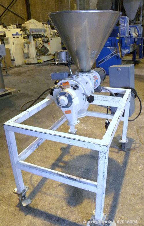 Used Azo Cyclone Screener, model E-240-B1, polypropylene/carbon steel. Approximate 4" diameter x 8" long screen chamber, (4) helical blades. Driven by a 1/2 hp, 3/60/208-230/460 volt, 1140 rpm XP mot...