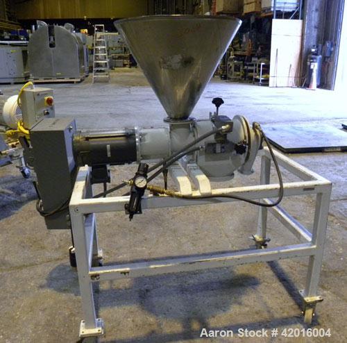 Used Azo Cyclone Screener, model E-240-B1, polypropylene/carbon steel. Approximate 4" diameter x 8" long screen chamber, (4) helical blades. Driven by a 1/2 hp, 3/60/208-230/460 volt, 1140 rpm XP mot...
