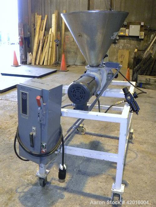 Used Azo Cyclone Screener, model E-240-B1, polypropylene/carbon steel. Approximate 4" diameter x 8" long screen chamber, (4) helical blades. Driven by a 1/2 hp, 3/60/208-230/460 volt, 1140 rpm XP mot...