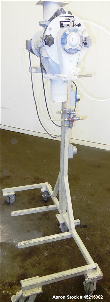 Used Azo Cyclone Screener, Model E-240-B1, aluminum product contact parts. Approximately 4" diameter x 8" long screen chamber, (3) helical blades.  Side access door, 4" top feed, horizontal feed scre...