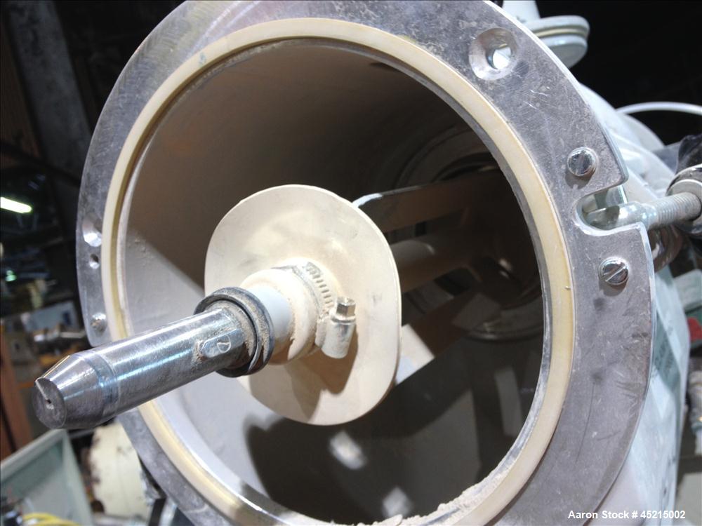 Used Azo Cyclone Screener, Model E-240-B1, aluminum product contact parts. Approximately 4" diameter x 8" long screen chamber, (3) helical blades.  Side access door, 4" top feed, horizontal feed scre...