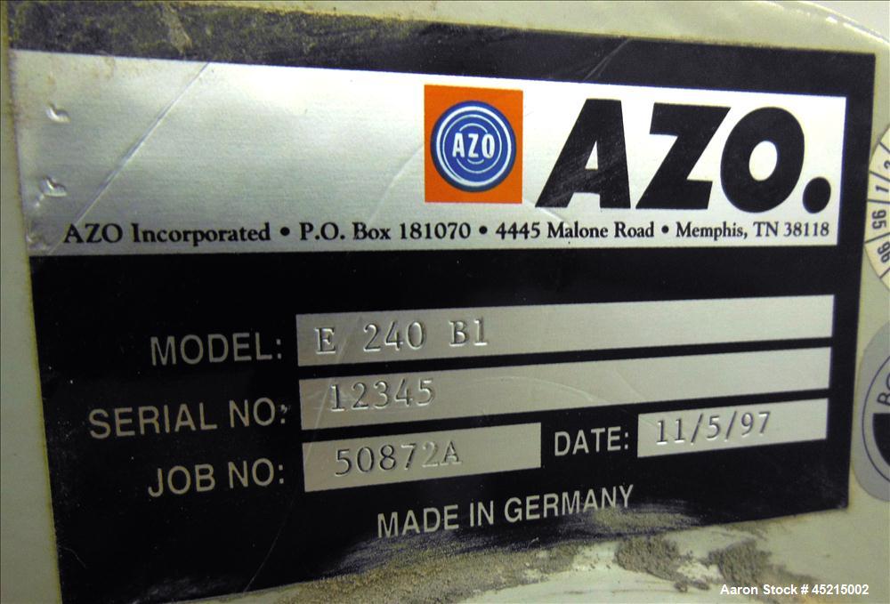 Used Azo Cyclone Screener, Model E-240-B1, aluminum product contact parts. Approximately 4" diameter x 8" long screen chamber, (3) helical blades.  Side access door, 4" top feed, horizontal feed scre...