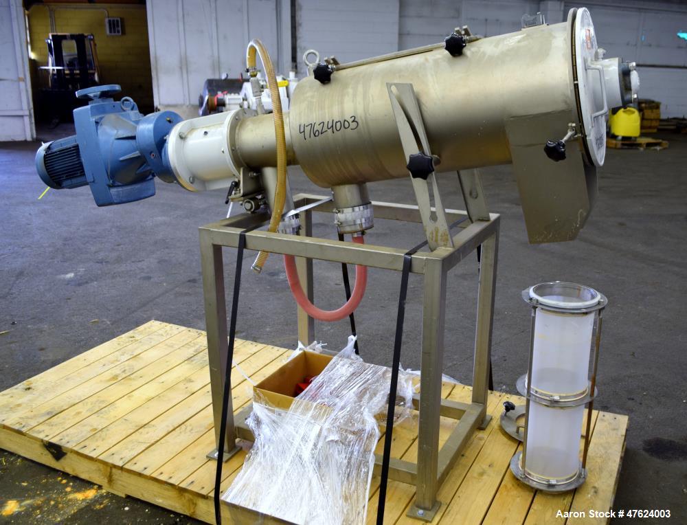 Used Azo FL Liquid Screener, Model FLX-650 LTX, 304 Stainless Steel. Approximate 7" diameter x 24" long screen chamber, internal helical blades with ribbon. Driven by a 4-5hp, 3/60/230/460 volt, 405-...