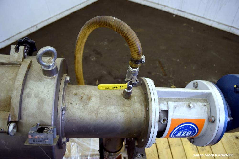Used Azo FL Liquid Screener, Model FLX-650 LTX, 304 Stainless Steel. Approximate 7" diameter x 24" long screen chamber, internal helical blades with ribbon. Driven by a 4-5hp, 3/60/230/460 volt, 405-...