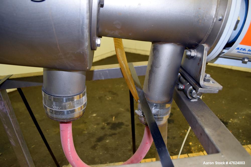Used Azo FL Liquid Screener, Model FLX-650 LTX, 304 Stainless Steel. Approximate 7" diameter x 24" long screen chamber, internal helical blades with ribbon. Driven by a 4-5hp, 3/60/230/460 volt, 405-...