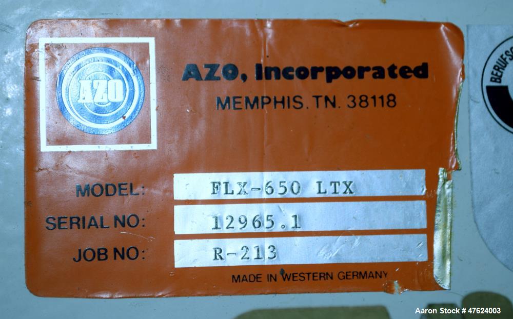 Used Azo FL Liquid Screener, Model FLX-650 LTX, 304 Stainless Steel. Approximate 7" diameter x 24" long screen chamber, internal helical blades with ribbon. Driven by a 4-5hp, 3/60/230/460 volt, 405-...