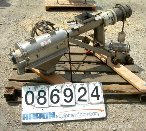 Used Azo Cyclone Screener, 304 Stainless Steel. Approximate 4" diameter x 18" long screen chamber, (3) helical blades. Driven by a 1 HP, 3/60/208-230/460 Volt, 1140 RPM motor. Side access door, 6" x ...